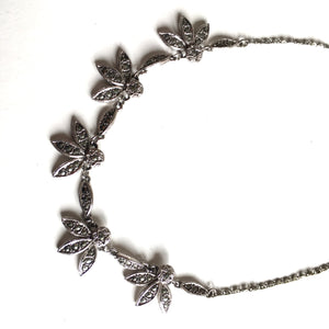 Vintage 60s Dainty Marcasite Flower/Leaf Necklace in Choker Length-Accessories, For Her-Brand Spanking Vintage