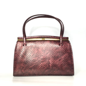 Vintage 60s/70s Patent Leather Faux Snakeskin Classic Ladylike Bag In Burgundy Red By Holmes of Norwich-Vintage Handbag, Kelly Bag-Brand Spanking Vintage