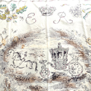Vintage Large Silk Scarf Commemorating Silver Jubilee of the Coronation Of Queen Elizabeth II In 1977 by Oliver Messel-Scarves-Brand Spanking Vintage