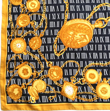 Load image into Gallery viewer, Vintage 80s Large Silk Twill Scarf in Pocket Watch and Chain Design in Black/Gold/White Made in Italy-Scarves-Brand Spanking Vintage
