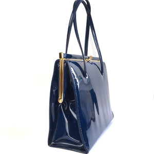 Reserved Vintage 60s Classic Twin Handle Bag in Rare Royal Blue Mottled Patent with Gilt Clasp and Suede Lining-Vintage Handbag, Kelly Bag-Brand Spanking Vintage