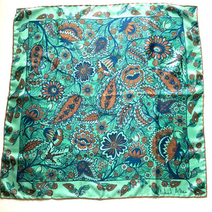 Vintage Collectable Silk Scarf By Richard Allan In Turquoise/Sea Green/Navy Blue And Tobacco Brown in Stylised Floral Design-Scarves-Brand Spanking Vintage