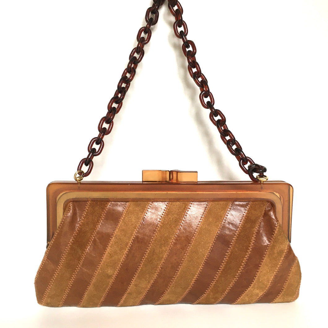 Vintage 70s/80s Clutch w/ Lucite Chain Link Shoulder Strap and Frame w/ Chunky Lucite Clasp in Caramel Suede And Leather Made in Italy-Vintage Handbag, Clutch Bag-Brand Spanking Vintage