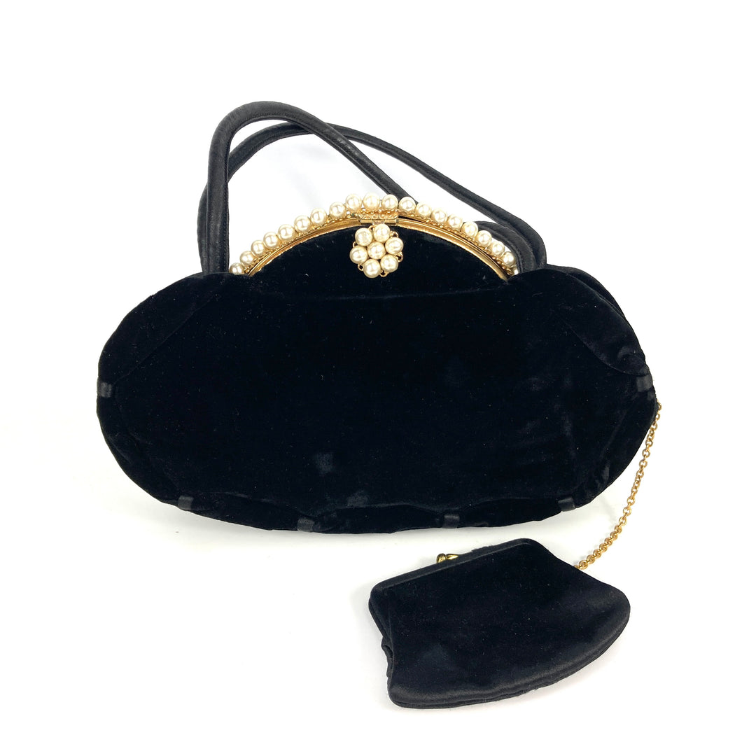 Vintage 40s/50s Luxurious Black Velvet, Pearl And Silk Waldybag Evening Bag w/ Matching Silk Coin Purse On Chain-Vintage Handbag, Evening Bag-Brand Spanking Vintage