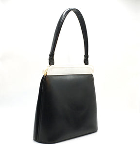Vintage Lodix 'Handbags of Taste' 50s/60s Black Leather and White Lucite Frame Classic Ladylike Handbag-Vintage Handbag, Kelly Bag-Brand Spanking Vintage