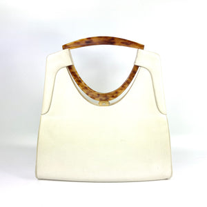 Vintage 60s/70s Handbag In Ivory Leather w/Unusual Shaped Lucite Faux Tortoiseshell Handles Made in France-Vintage Handbag, Large Handbag-Brand Spanking Vintage