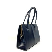Load image into Gallery viewer, Vintage 50s/60s Classic Twin Handle Handbag with Exquisite Gilt Clasp in Navy Leather By Garfields of London-Vintage Handbag, Kelly Bag-Brand Spanking Vintage
