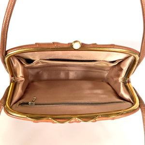 Vintage 50s Buttersoft Tan Gathered Leather Handbag w/ Matching Purse By Waldybag-Vintage Handbag, Top Handle Bag-Brand Spanking Vintage