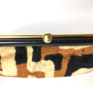 Vintage 70s Rare Weymouth American Chenille Folding Handle Clutch Bag in Beige/Rust/Black-Vintage Handbag, Clutch Bag-Brand Spanking Vintage