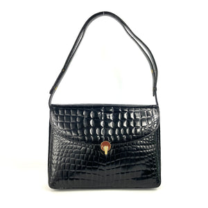 Vintage 80s/90s Harrods Black Patent Leather Faux Crocodile Print Handbag/Shoulder Bag-Vintage Handbag, Large Handbag-Brand Spanking Vintage