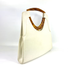 Load image into Gallery viewer, Vintage 60s/70s Handbag In Ivory Leather w/Unusual Shaped Lucite Faux Tortoiseshell Handles Made in France-Vintage Handbag, Large Handbag-Brand Spanking Vintage
