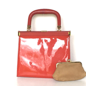 Vintage 50s/60s Lipstick Red Patent Leather Handbag Coin Purse By Riviera-Vintage Handbag, Top Handle Bag-Brand Spanking Vintage