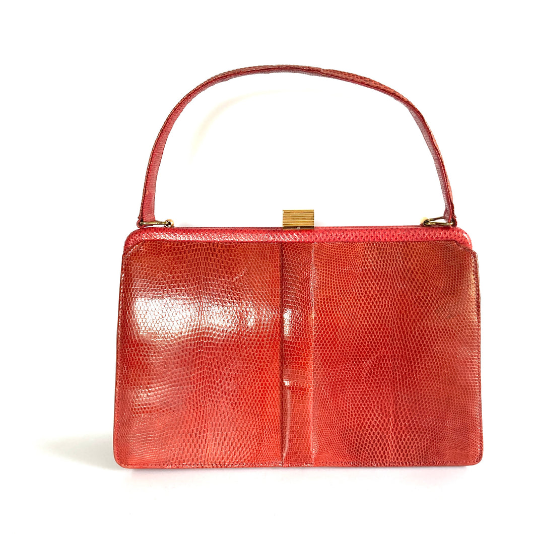 Vintage 50s/60s Red Lizard Skin Handbag Made In England For Mappin & Webb-Vintage Handbag, Exotic Skins-Brand Spanking Vintage