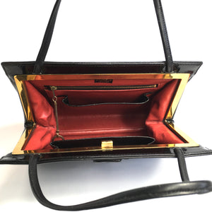 Vintage 60s/70s Harrods Black Patent Leather Bag with 'Belt Buckle' Clasp Red Leather Lining and Coin Purse-Vintage Handbag, Kelly Bag-Brand Spanking Vintage
