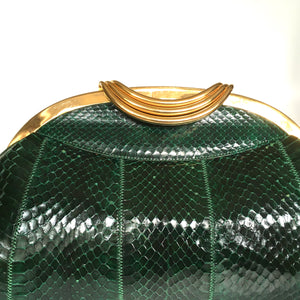 Vintage 70s/80s Large Emerald Green Snakeskin Gilt Clasp Clutch Bag w/ Fold Out Gilt Chain by Melluso, Made in Italy-Vintage Handbag, Exotic Skins-Brand Spanking Vintage