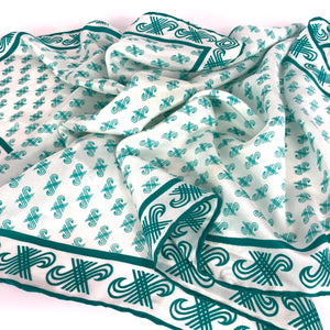 Vintage 70s Large Ivory/Green Jaeger Silk Scarf with Iconic 'J' Logo Made in Italy-Scarves-Brand Spanking Vintage