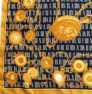Vintage 80s Large Silk Twill Scarf in Pocket Watch and Chain Design in Black/Gold/White Made in Italy-Scarves-Brand Spanking Vintage