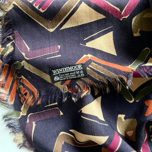 Vintage 80s Windsmoor Large Varuna Wool Shawl /Wrap in Purple/Navy, Orange Green and Taupe Made in Britain, Blue, Green And Beige-Scarves-Brand Spanking Vintage
