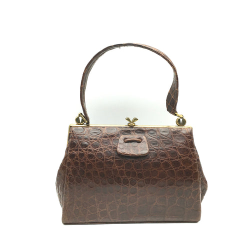 Vintage 50s Milk Chocolate Crocodile Skin Classic Ladylike Bag/ Top Handle Bag w/ Exquisite Clasp, Crocodile Pull Tab And Longer Handle-Vintage Handbag, Exotic Skins-Brand Spanking Vintage