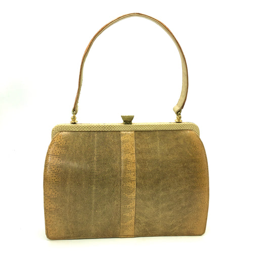 Vintage Handbag In Pale Gold/Cream/Brown/Grey Monitor Lizard Skin In Classic Design From Mappin & Webb-Vintage Handbag, Exotic Skins-Brand Spanking Vintage