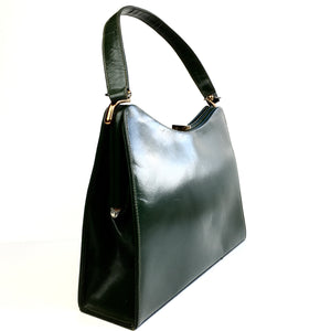Vintage 50s 60s Classic Dark Olive Green Leather Bag Top Handle Bag with Gilt Clasp and Suede Lining-Vintage Handbag, Kelly Bag-Brand Spanking Vintage