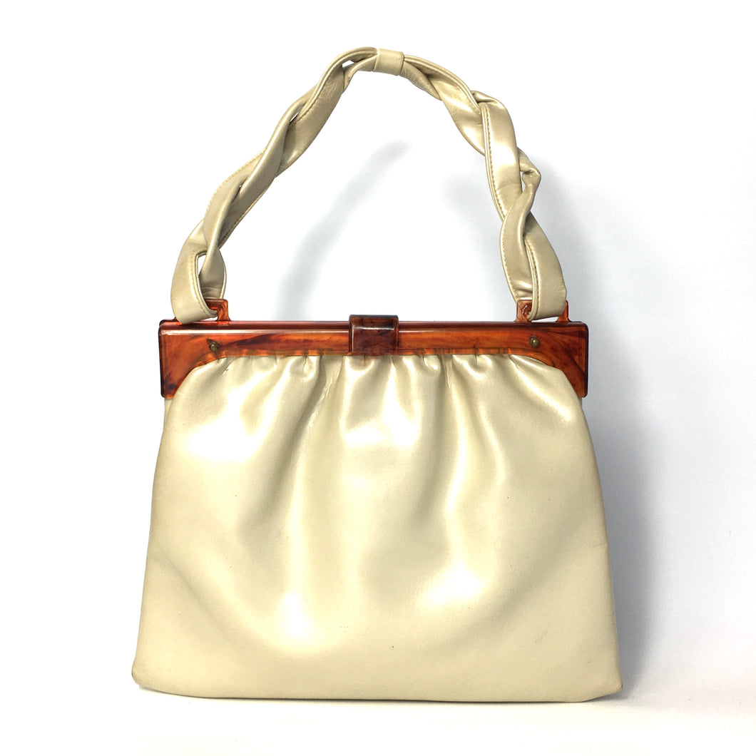 Vintage 60s Freedex Faux Leather Dolly Bag in Pearlescent Ivory with Lucite Frame and Plaited Handle-Vintage Handbag, Dolly Bag-Brand Spanking Vintage