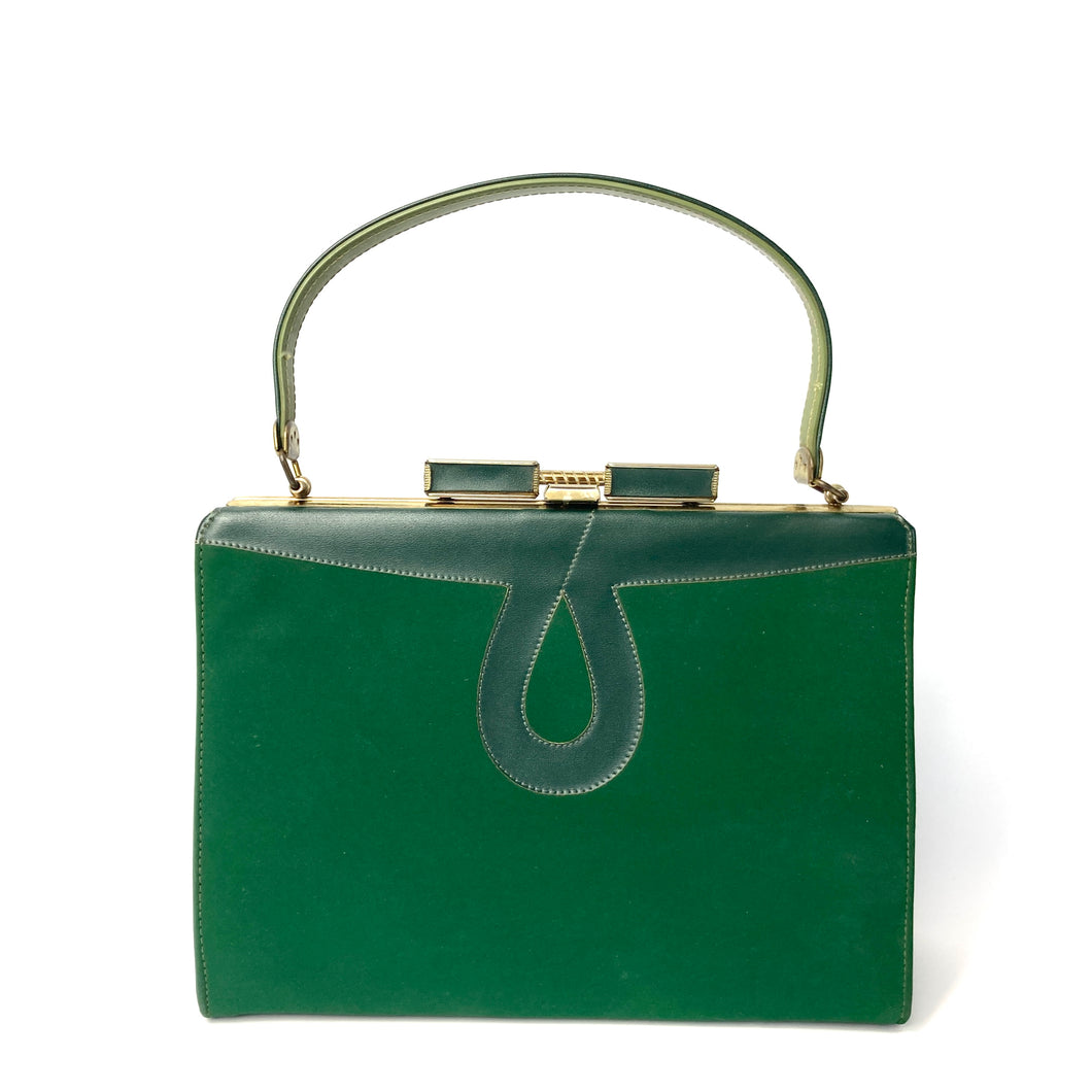 Vintage 50s 60s Dainty Green Faux Leather Top Handle, Clasp Top Bag, Mrs Maisel Bag by Annette Handbags Made in US-Vintage Handbag, Kelly Bag-Brand Spanking Vintage