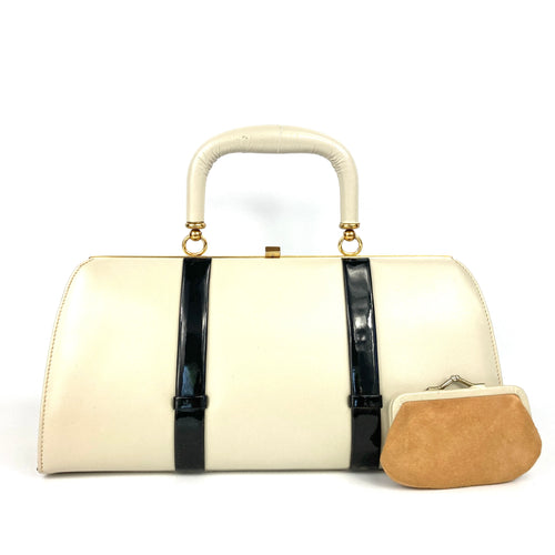 Exquisite Stone Beige Leather/ Black Patent Vintage 50s/60s Classic Handbag w/Matching Coin Purse-Vintage Handbag, Large Handbag-Brand Spanking Vintage