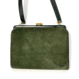 Vintage 50s Waldybag in Olive Green Suede Leather with Matching Silk Coin Purse-Vintage Handbag, Kelly Bag-Brand Spanking Vintage