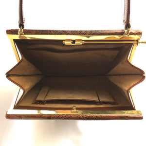 Vintage 50s Beautiful Golden Tan Monitor Lizard Skin Handbag, Top Handle Bag with Rare Side Opening Gilt Clasp-Vintage Handbag, Exotic Skins-Brand Spanking Vintage
