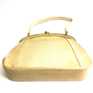 Vintage 50s/60s Dainty Buttercream Lizard Skin Top Handle Bag by Jane Shilton-Vintage Handbag, Exotic Skins-Brand Spanking Vintage