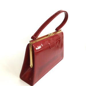 Vintage 50s/60s Lipstick Red Patent Leather Handbag By Holmes Of Norwich w/Defect-Vintage Handbag, Kelly Bag-Brand Spanking Vintage