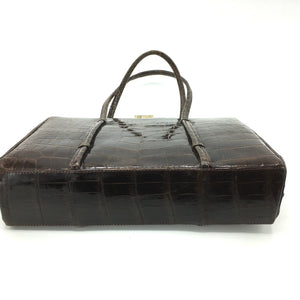 Vintage 50s Glossy Dark Chocolate Brown Mirror Finish Crocodile Skin Classic Ladylike Bag-Vintage Handbag, Exotic Skins-Brand Spanking Vintage
