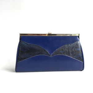 Vintage 70s Bright Blue Leather and Snakeskin 3 Way Clutch Bag with Fold Out Handle and Shoulder Chain-Vintage Handbag, Clutch Bag-Brand Spanking Vintage