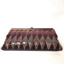 Load image into Gallery viewer, Vintage Harlequin Snakeskin Clutch Chain Bag by Jane Shilton in Red, Grey, Black Made in England-Vintage Handbag, Exotic Skins-Brand Spanking Vintage
