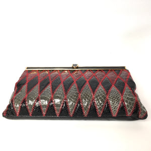Vintage Harlequin Snakeskin Clutch Chain Bag by Jane Shilton in Red, Grey, Black Made in England-Vintage Handbag, Exotic Skins-Brand Spanking Vintage