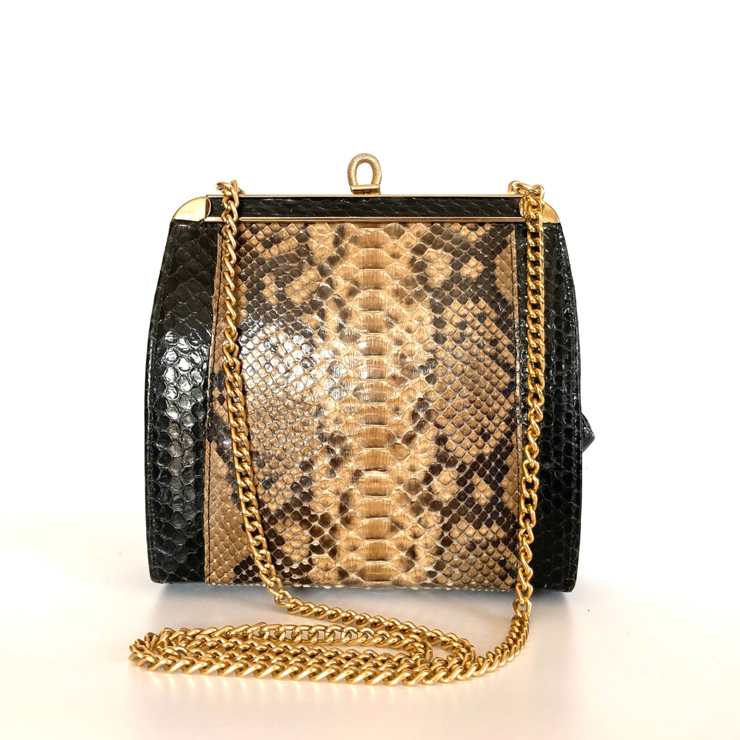 Vintage Small Python Snakeskin Clutch Bag with Fold In Chain Handle in Black/Brown/Caramel Made in England-Vintage Handbag, Exotic Skins-Brand Spanking Vintage