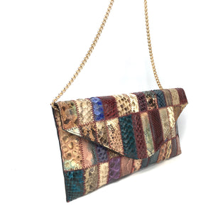 Vintage Multicoloured Snakeskin Patchwork Clutch Chain Bag J Perez Made in Spain-Vintage Handbag, Exotic Skins-Brand Spanking Vintage