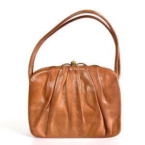 Vintage 50s Buttersoft Tan Gathered Leather Handbag w/ Matching Purse By Waldybag-Vintage Handbag, Top Handle Bag-Brand Spanking Vintage