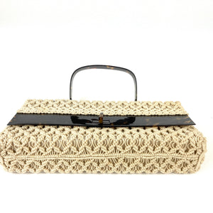 Vintage 60s Crocheted Raffia Style Dainty Lucite Faux Tortoiseshell Clasp/Handle Handbag, Cream Brown-Vintage Handbag, Kelly Bag-Brand Spanking Vintage