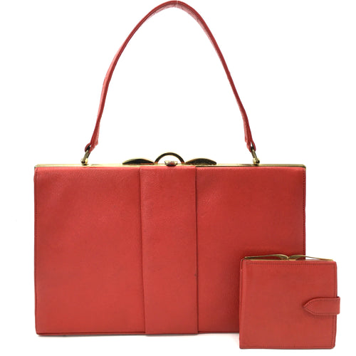 Vintage 50s/60s Large Lipstick Red Leather Handbag w/ Matching Red Leather Wallet Purse-Vintage Handbag, Kelly Bag-Brand Spanking Vintage