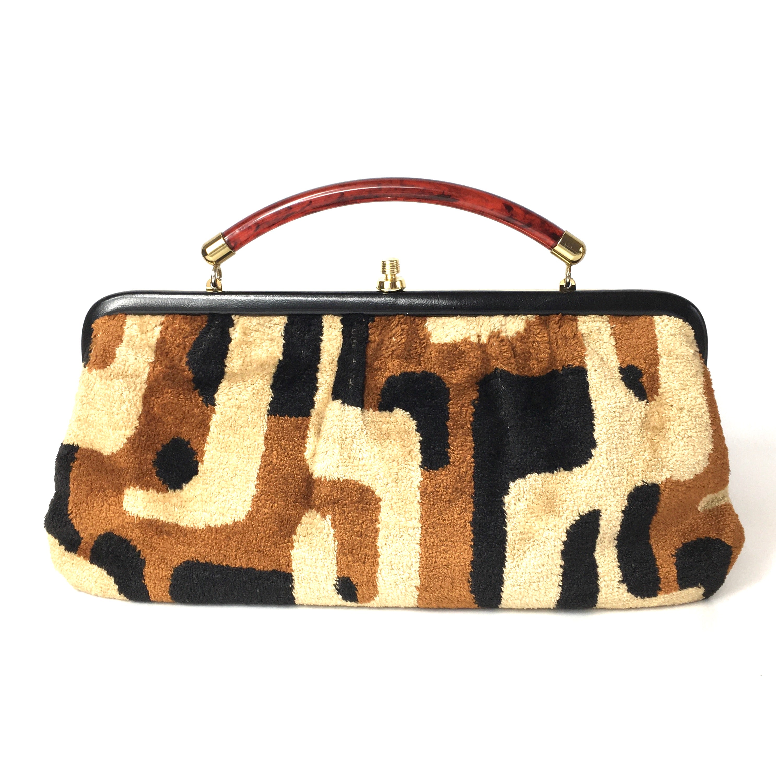 Vintage 70s Rare Weymouth American Chenille Folding Handle Clutch Bag in Beige/Rust/Black