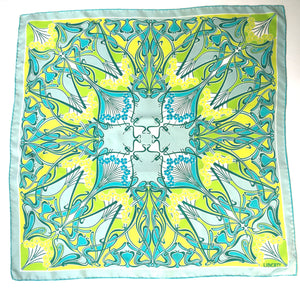 Large Liberty of London Silk Scarf in Ianthe Design in Turquoise Blue, Lime Green, Teal and Ivory Made in Italy-Scarves-Brand Spanking Vintage