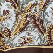 Load image into Gallery viewer, Liberty of London Silk Scarf in a Birds and Feathers Design of Ivory/Gold/Grey/Chocolate Brown Border Made in England-Scarves-Brand Spanking Vintage
