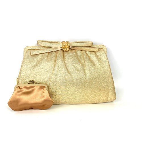 Vintage 50s/60s Elegant Evening/Occasion Gold Lurex Clutch Bag w/ Bow and Diamante Clasp By After Five USA-Vintage Handbag, Evening Bag-Brand Spanking Vintage