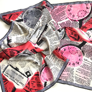 Vintage 80s Large Silk Scarf 'Happy Birthday' in Red/Pink/White/Grey/Black Made in Italy-Scarves-Brand Spanking Vintage