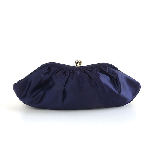 Vintage Midnight Blue Silk Satin Waldybag Evening or Occasion bag with Crystal Inlaid Gilt Clasp-Vintage Handbag, Evening Bag-Brand Spanking Vintage