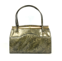 Load image into Gallery viewer, Vintage 60s/70s Patent Leather Faux Snakeskin Bag In Green/Bronze/Gold By Holmes of Norwich-Vintage Handbag, Kelly Bag-Brand Spanking Vintage
