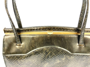 Vintage 60s/70s Patent Leather Faux Snakeskin Bag In Green/Bronze/Gold By Holmes of Norwich-Vintage Handbag, Kelly Bag-Brand Spanking Vintage