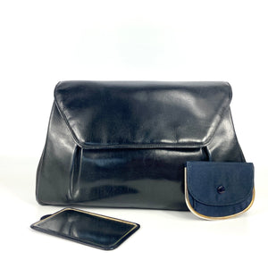 Vintage 50s Dainty Navy Leather Clutch Bag with Matching Leather Backed Mirror and Coin purse-Vintage Handbag, Clutch Bag-Brand Spanking Vintage